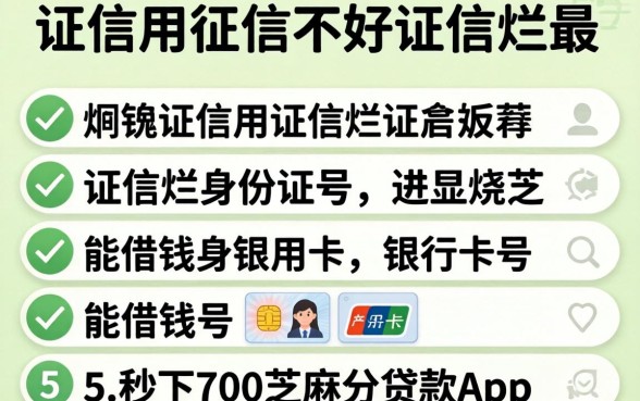 征信黑征信不好征信烂身份证号银行卡号能借钱,条列5个秒下700芝麻分贷款app